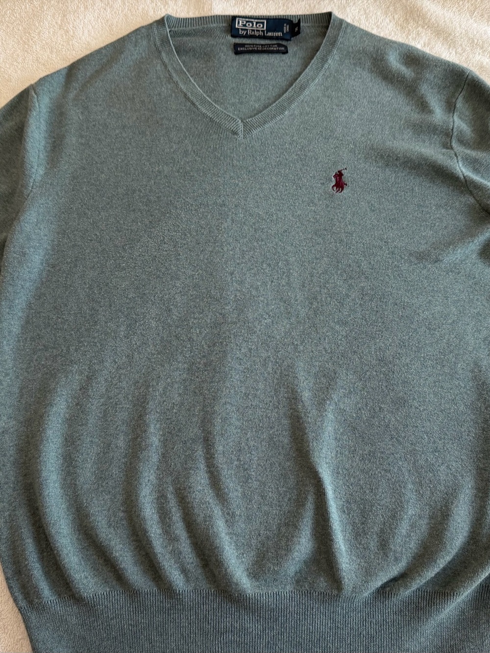 Polo by Ralph Lauren V-Neck Sweater in Heather Sage with Maroon Pony
